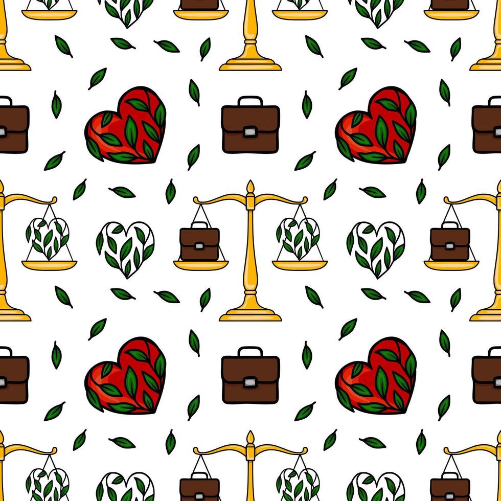 Seamless pattern with scales of justice, hearts entwined with leaves, and briefcases, symbolizing the balance between work and nature. vector