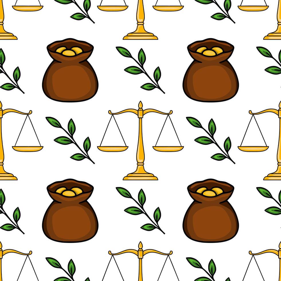 Seamless pattern with golden scales of justice, sacks of gold coins, and green leaves, symbolizing law, wealth, and prosperity. vector