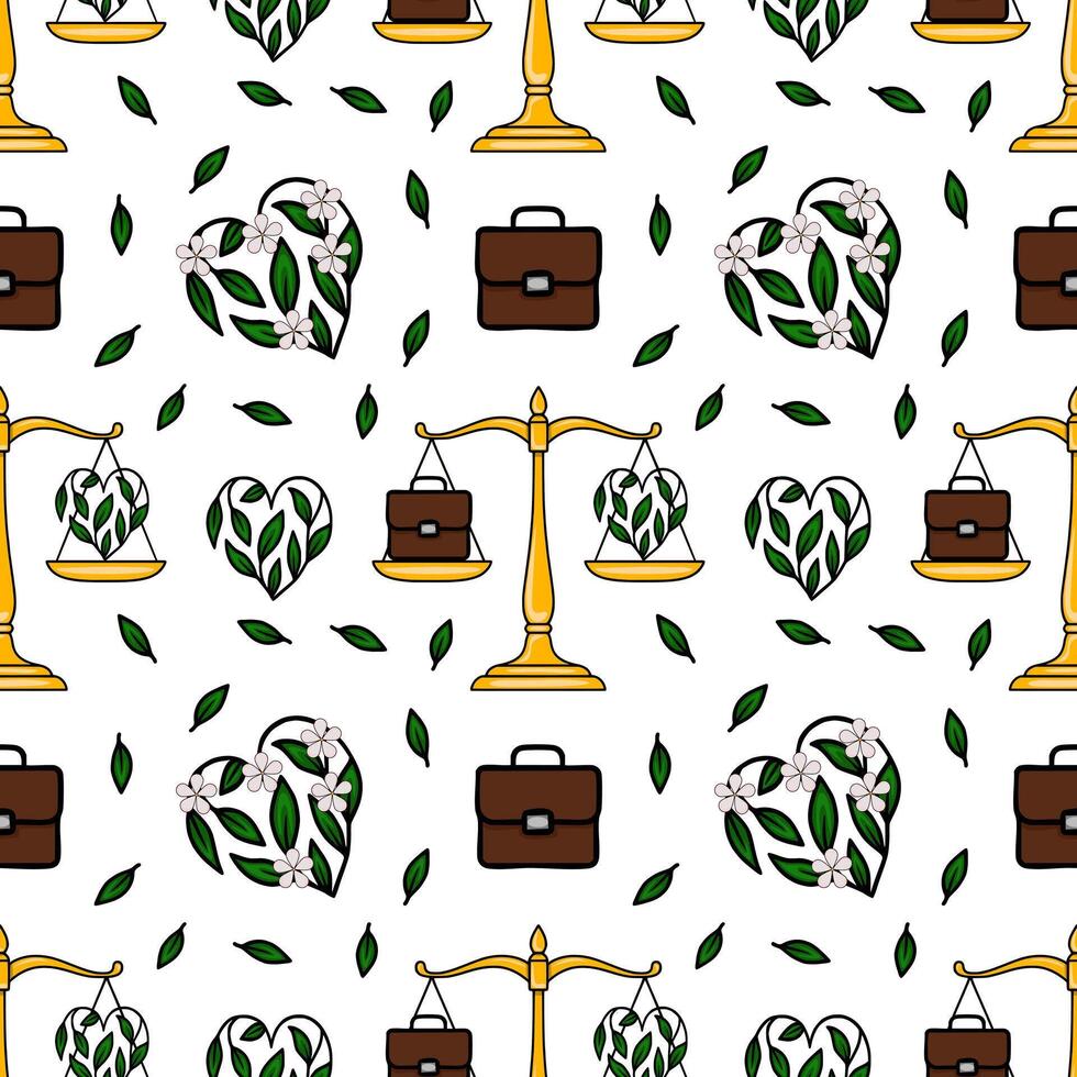 Seamless pattern featuring golden scales of justice balancing a briefcase and a heart-shaped floral design, symbolizing work-life balance, with scattered leaves for a nature-inspired touch. vector