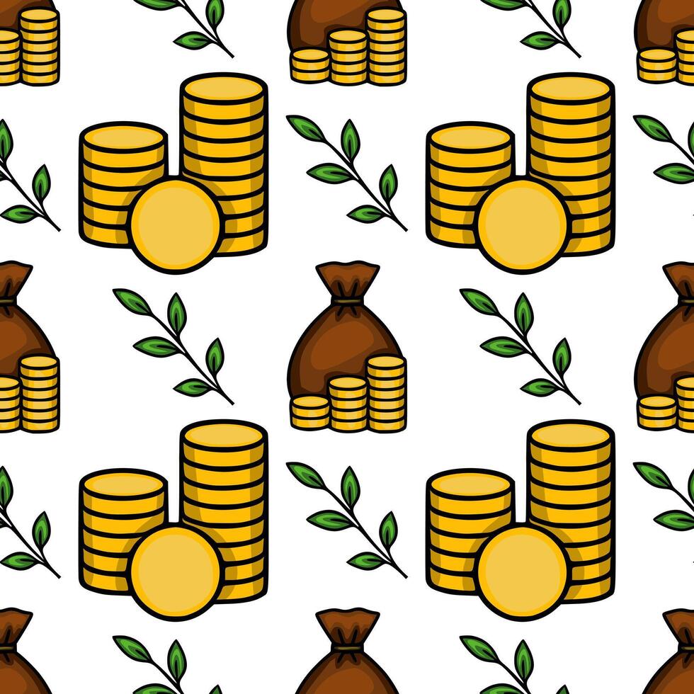 Seamless pattern of gold coins stacks, money bags, and green leaves, illustrating wealth growth and financial prosperity. vector