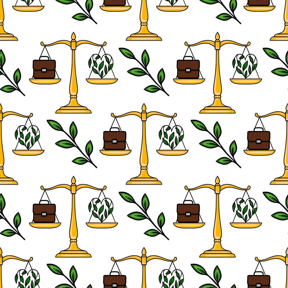 Seamless pattern of golden scales, briefcases, and heart-shaped plants, symbolizing the balance between business and nature. vector