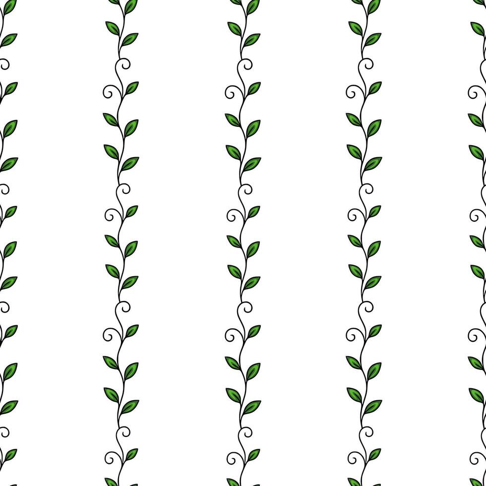 Seamless pattern with vertical lines of stylized green leaves and swirls, creating a simple yet elegant botanical design perfect for backgrounds, textile prints, or wrapping paper. vector