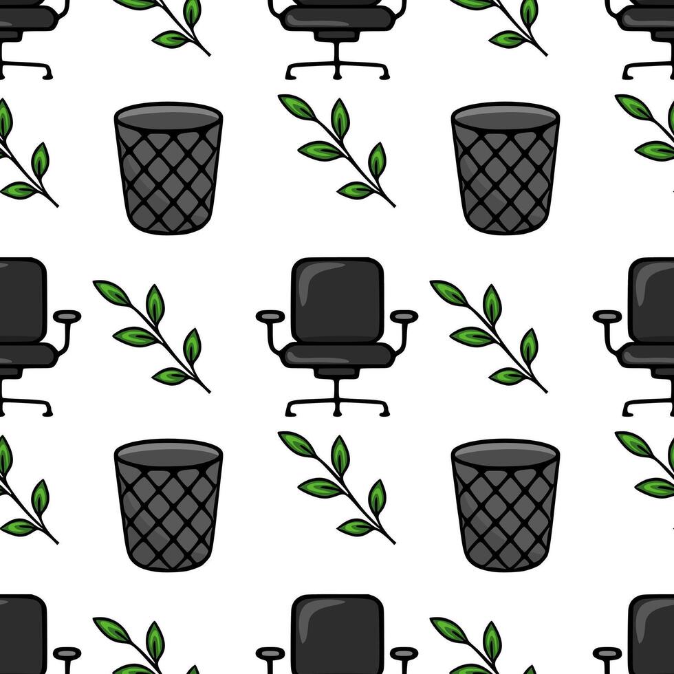 Seamless pattern featuring office chairs, wastebaskets, and stylized green leaves, creating a minimalist and modern office design. vector