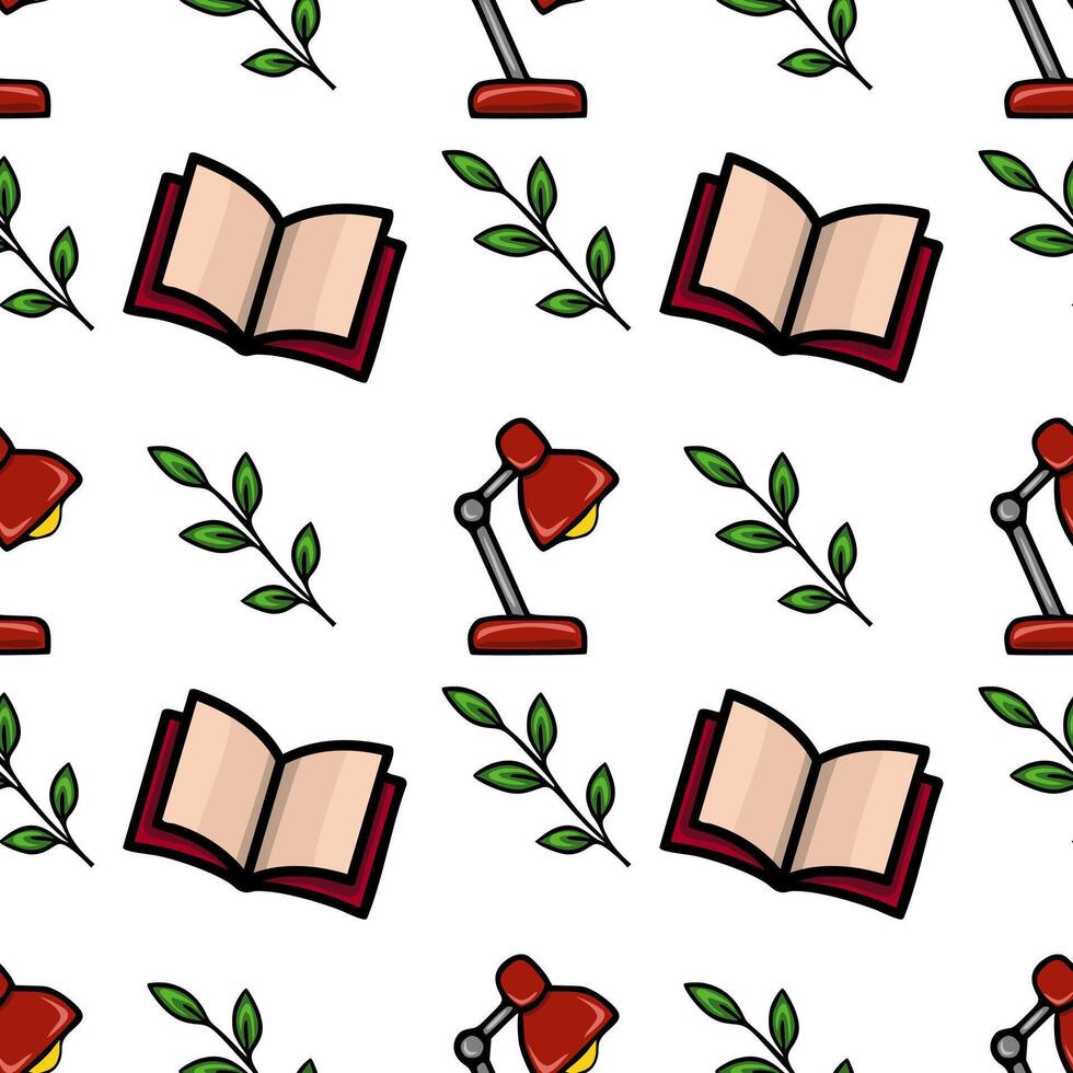 Seamless pattern featuring red desk lamps, open books, and green leaves, creating a charming and studious atmosphere. vector