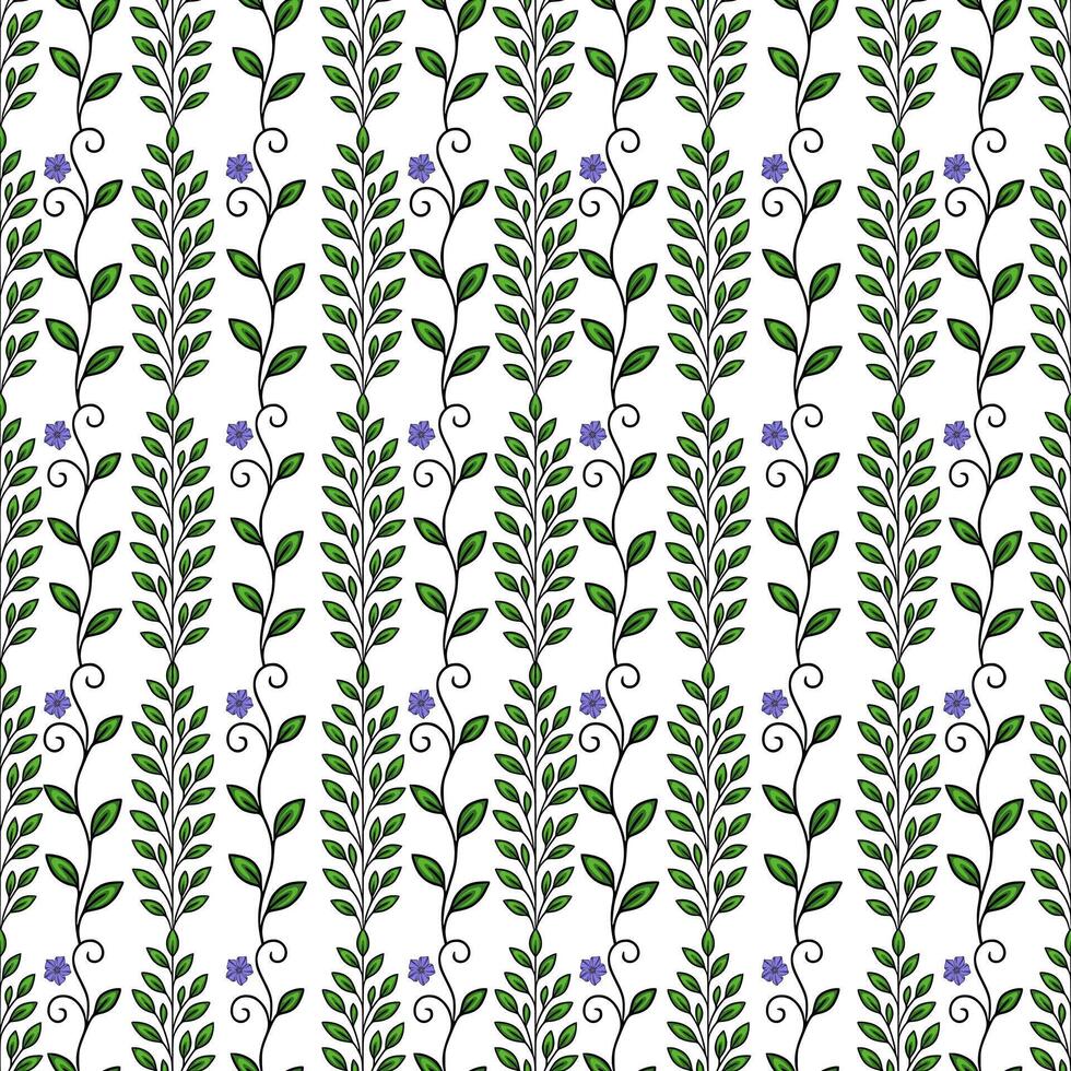 Seamless pattern of stylized green leaves and small purple flowers arranged in vertical stripes on a white background, creating a delicate and elegant design. vector