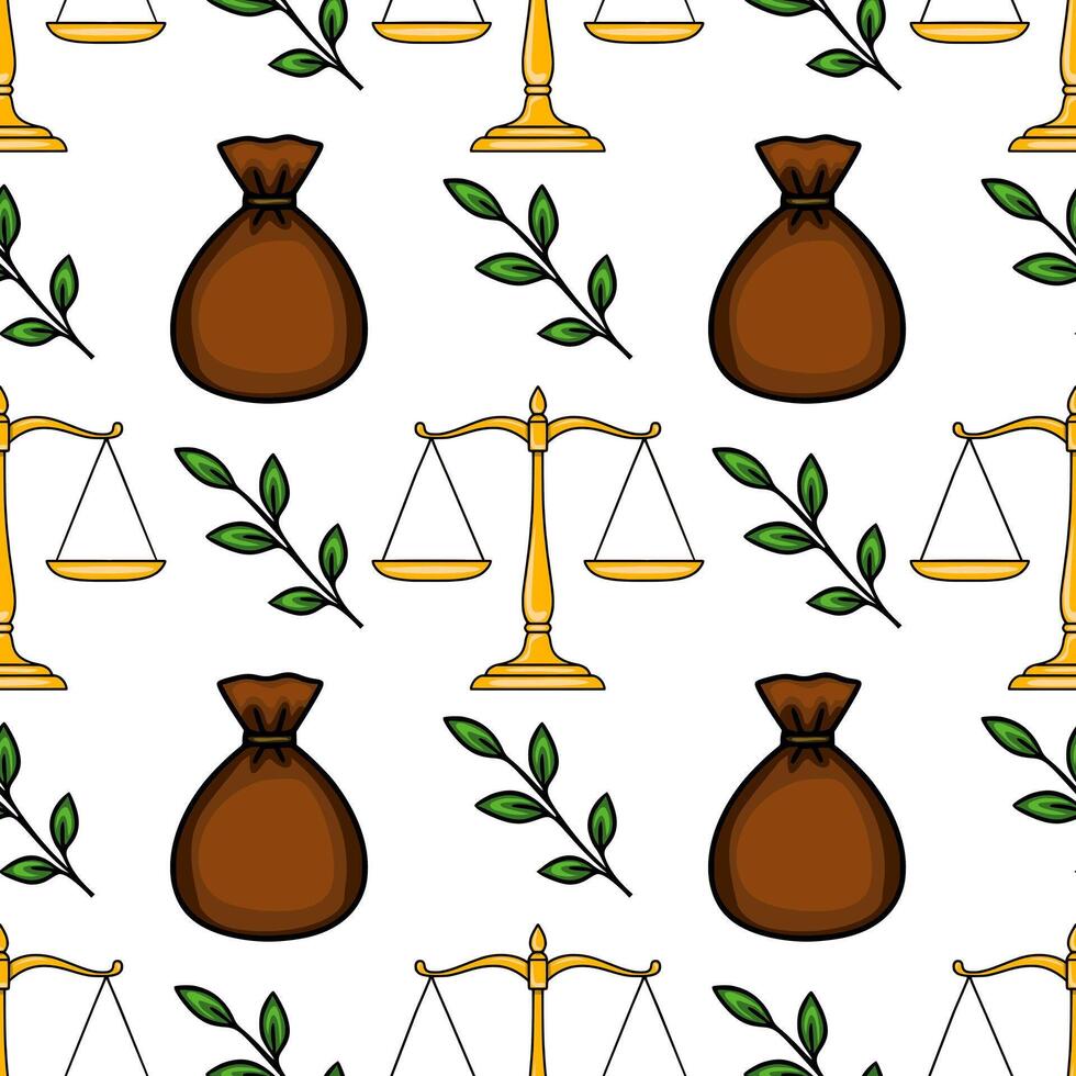 Seamless pattern featuring golden scales of justice, brown money bags, and green olive branches, symbolizing law, finance, and peace. vector