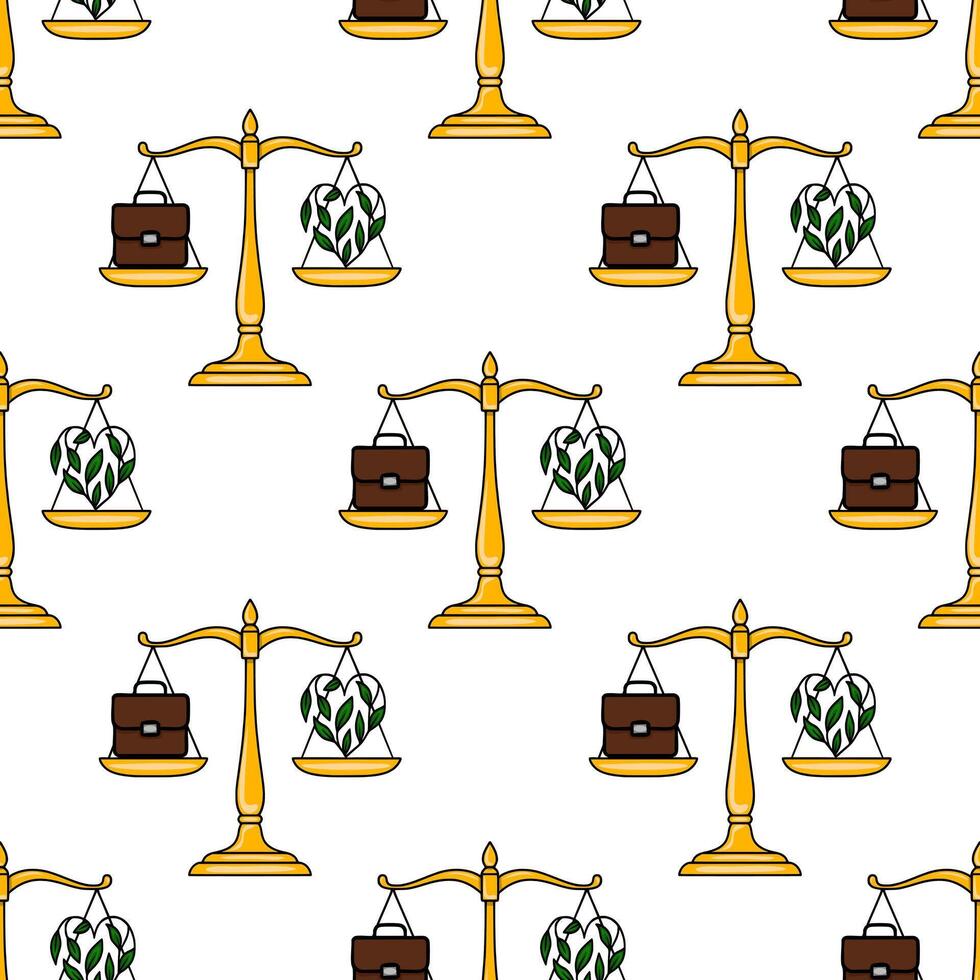 Seamless pattern of golden scales balancing briefcase and heart-shaped plant, symbolizing work-life balance concept in a minimalist style. vector