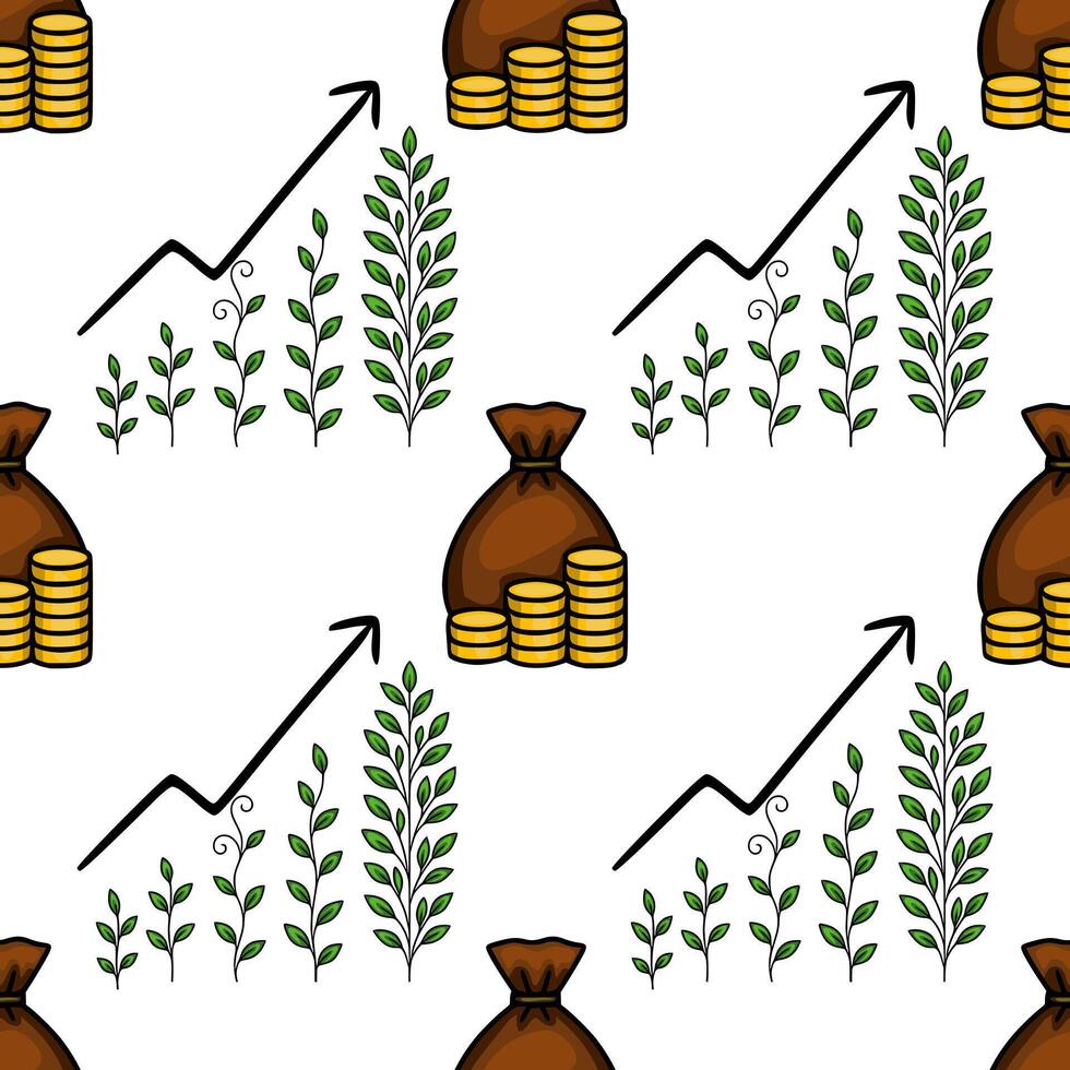 Seamless pattern of growing plants and money bags illustrating financial growth and investment prosperity. vector