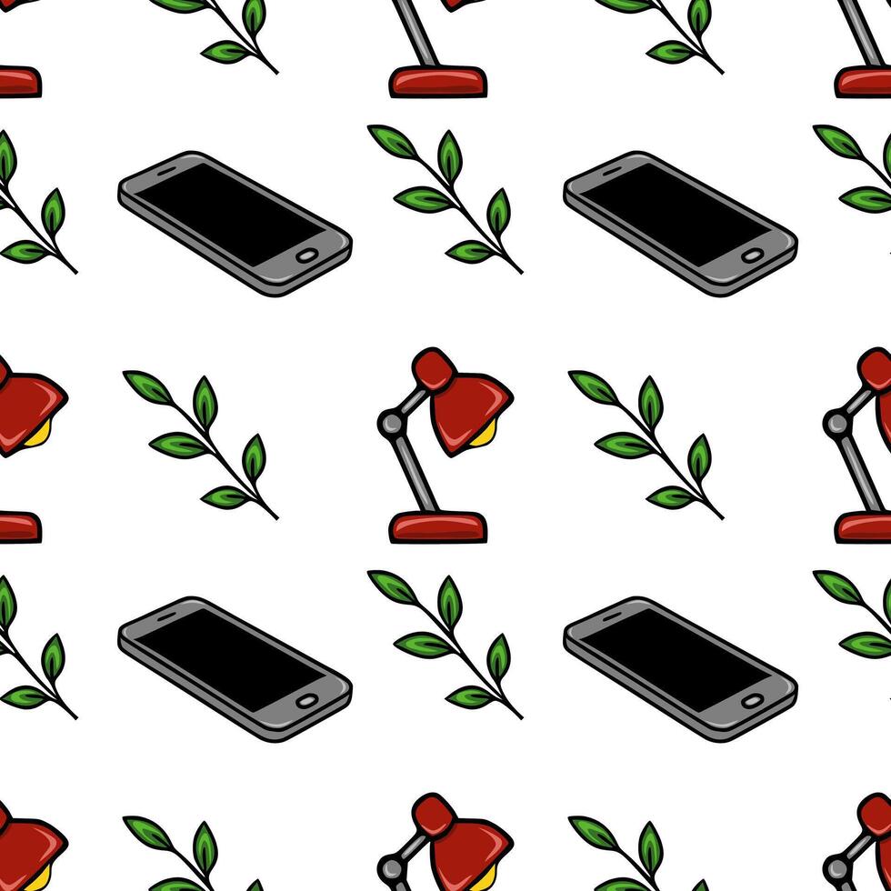 Seamless pattern of smartphones, red table lamps, and green leaves, creating a minimalist and modern office design. vector
