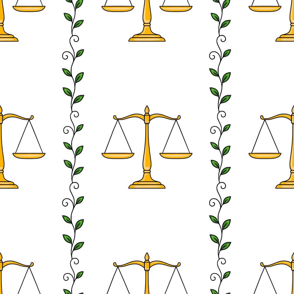 Seamless pattern featuring golden scales of justice and intertwining green leaves, creating a balanced and harmonious design ideal for legal or nature-themed projects. vector