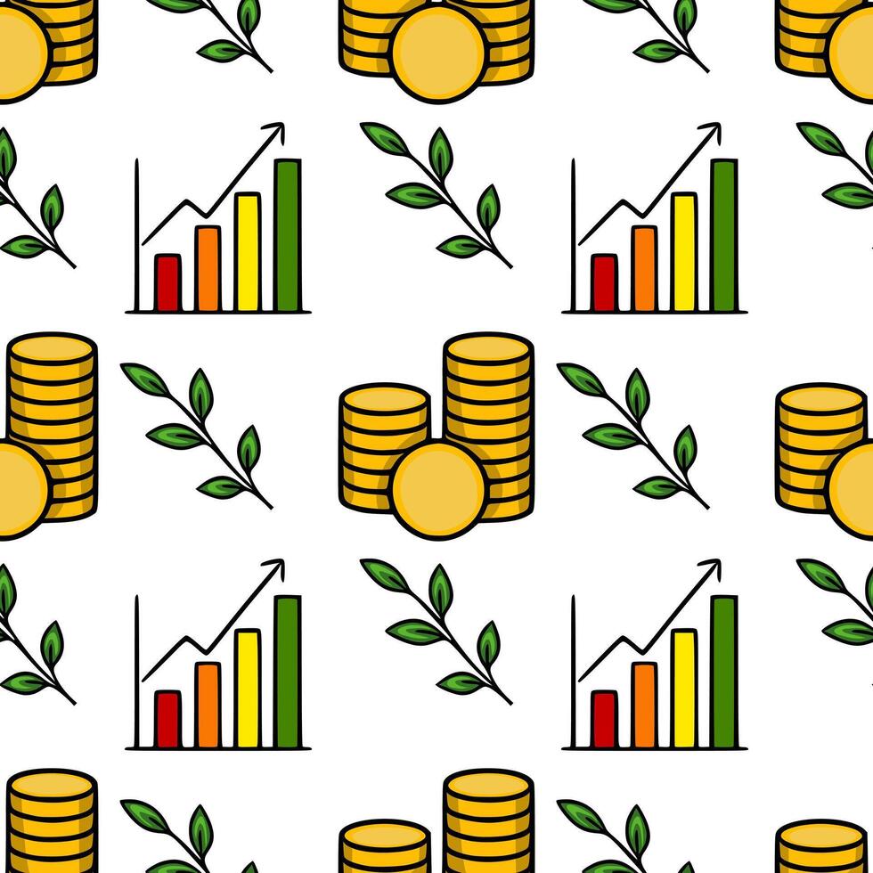 Seamless pattern with stacks of gold coins, growing bar chart, and green leaves, illustrating financial growth and prosperity. vector