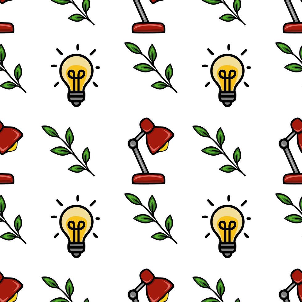 Seamless pattern featuring red desk lamps, bright light bulbs, and green leaves, creating a cheerful and productive office vibe. vector