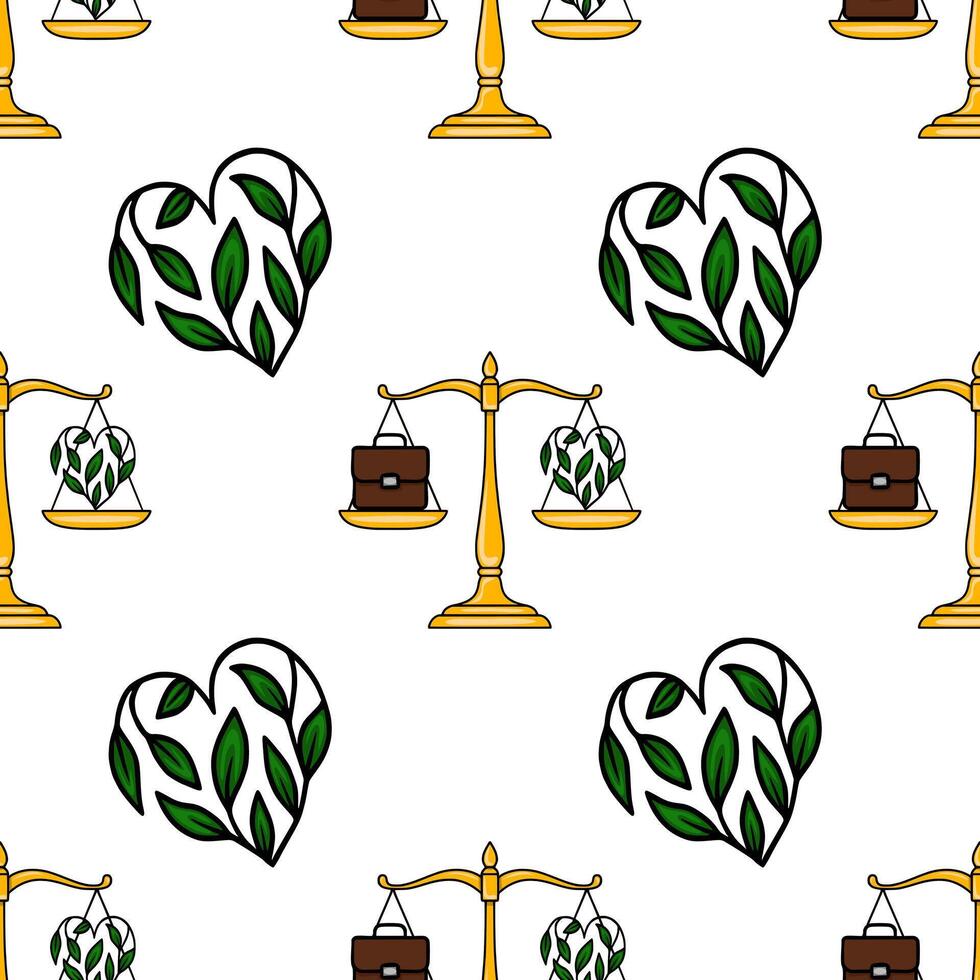 Seamless pattern featuring golden scales balancing a briefcase and a heart-shaped plant, symbolizing the work-life balance concept with green leaves and yellow accents. vector