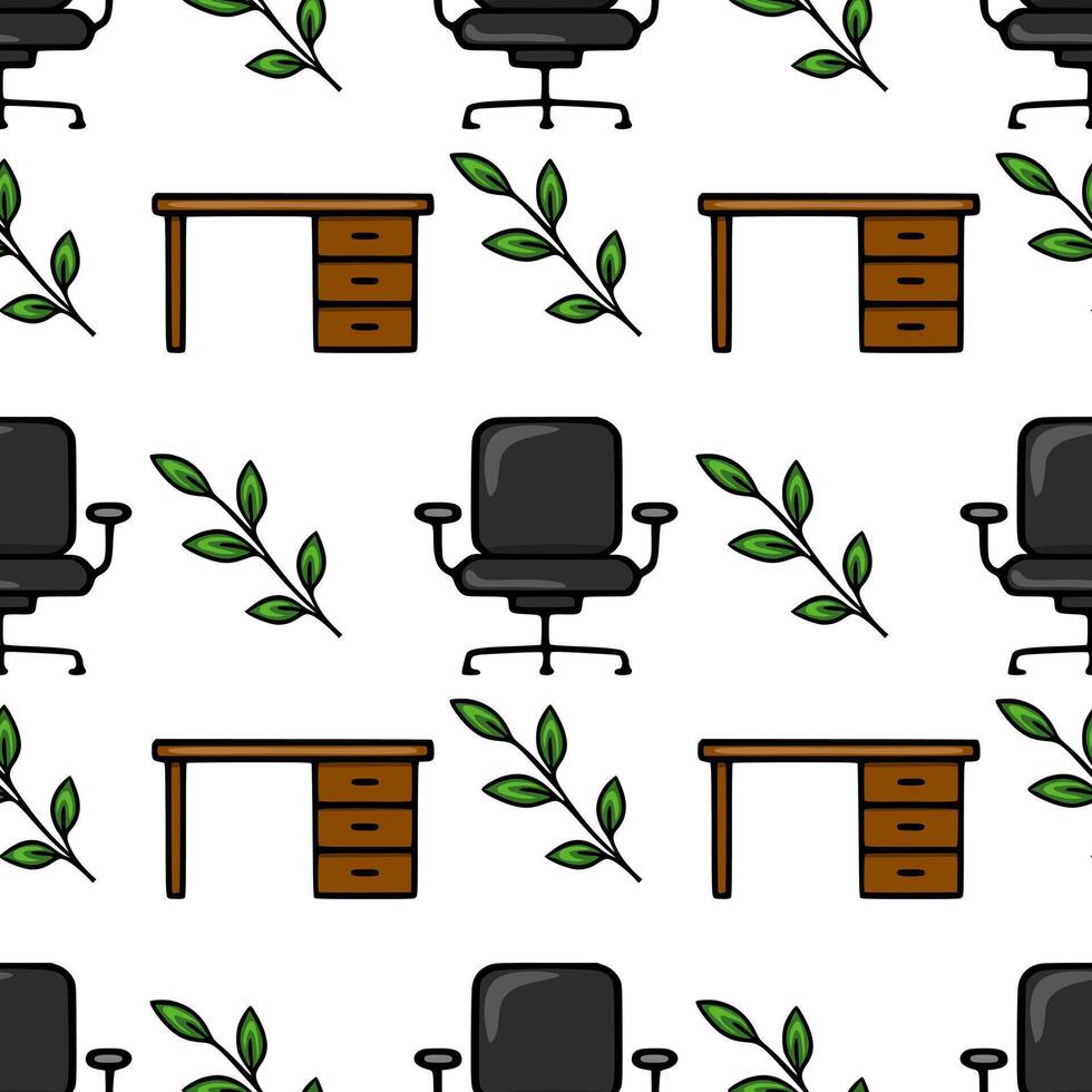 Seamless pattern of office furniture and green leaves, featuring brown desks, black office chairs, and stylized foliage, perfect for backgrounds and office-themed designs. vector