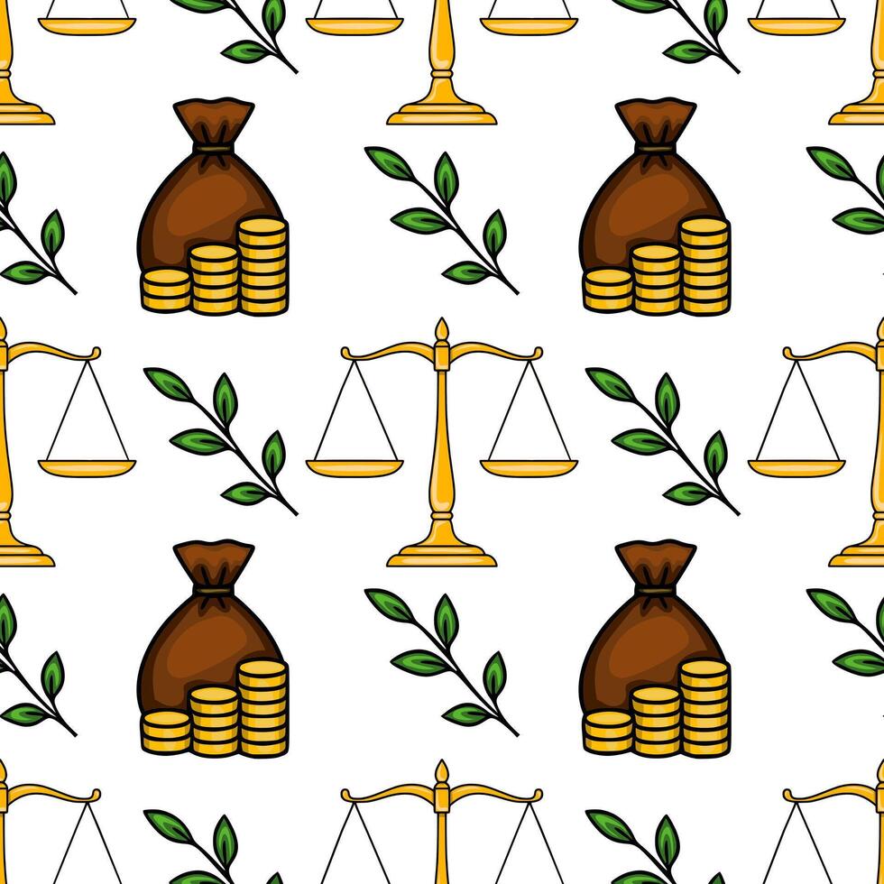 Seamless pattern with golden scales of justice, money bags, and green leaves, symbolizing financial equity and prosperity. vector