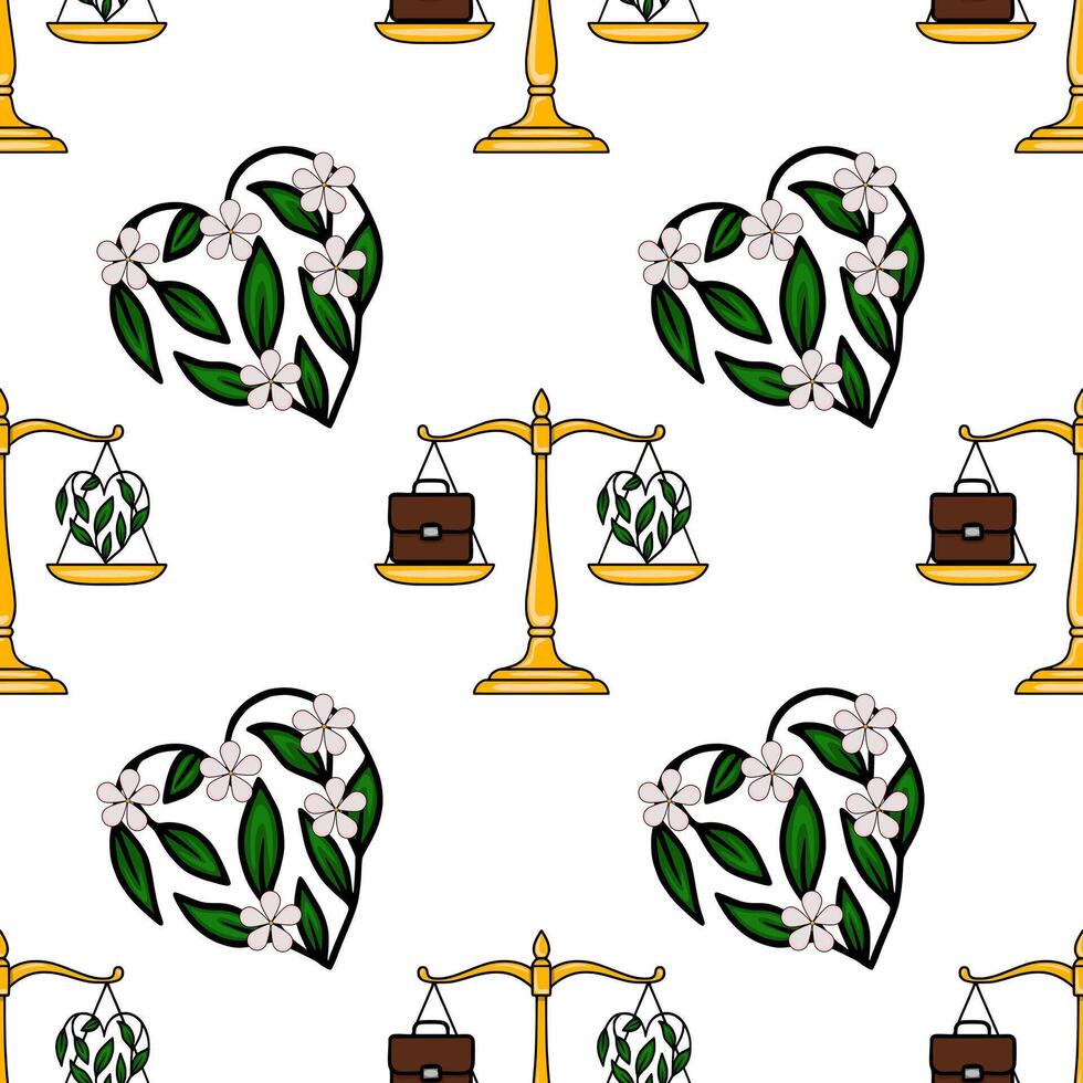 Seamless pattern featuring golden scales of justice balancing a briefcase and a heart-shaped floral arrangement, symbolizing work-life balance with nature. vector