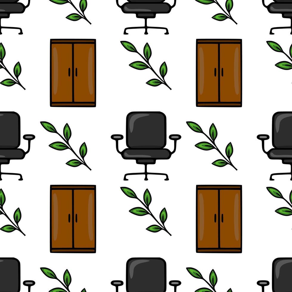 Seamless pattern of office chairs, wooden cabinets, and green leaves, creating a minimalist and fresh office environment illustration. vector