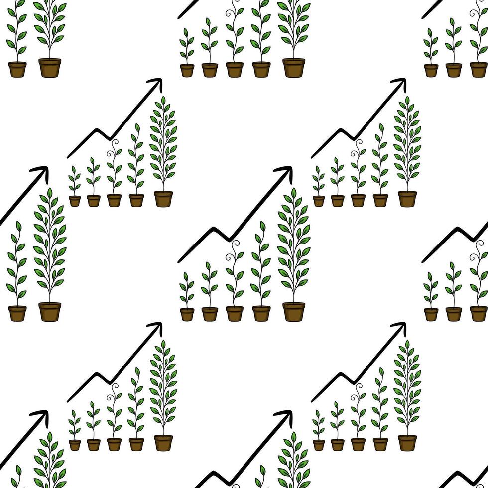 Seamless pattern illustrating plant growth stages in pots, accompanied by an upward arrow, symbolizing progress and development. vector