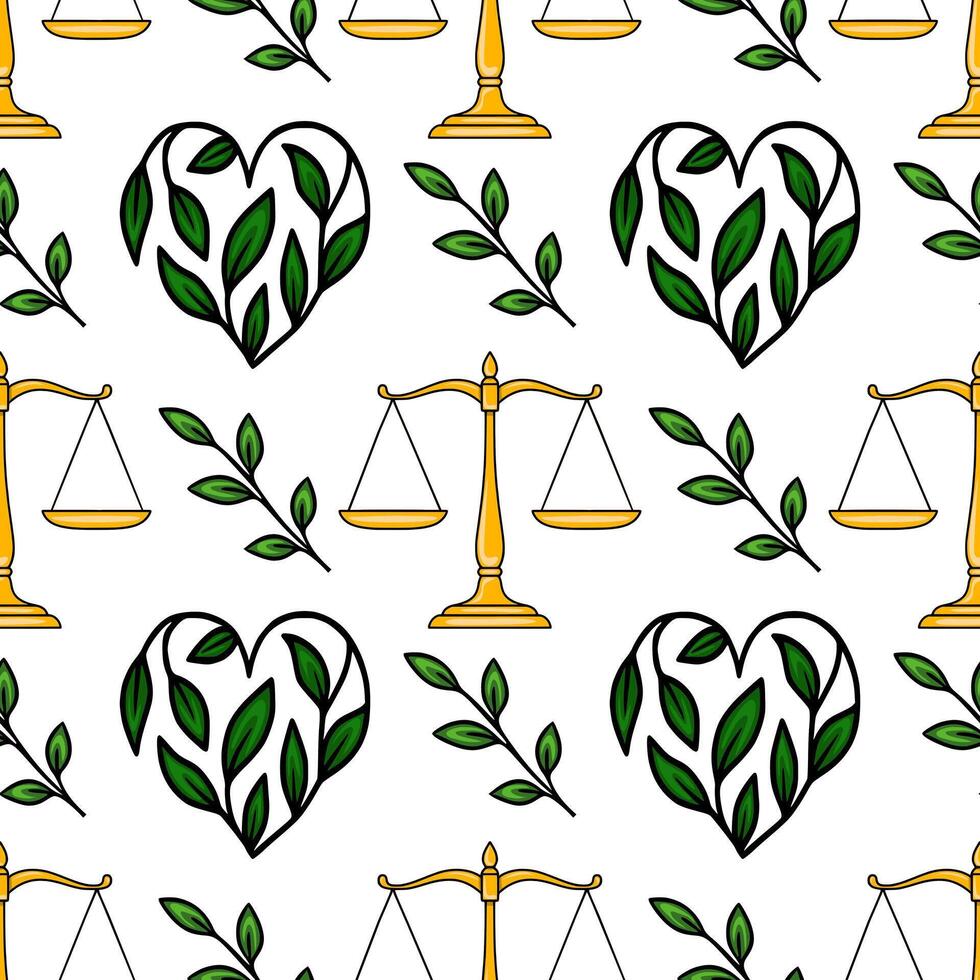 Seamless pattern featuring golden scales of justice and heart-shaped green foliage, symbolizing balance and natures harmony. vector