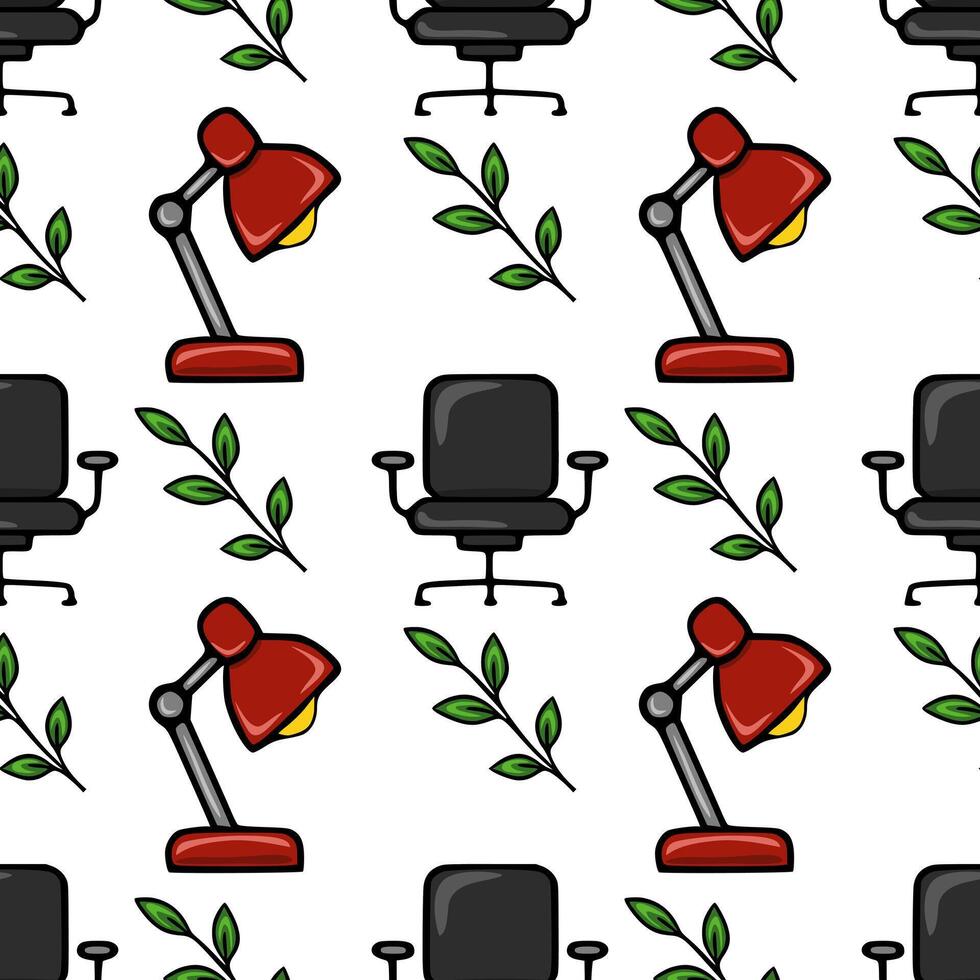 Seamless pattern featuring stylized office chairs, red desk lamps, and green leaves, creating a vibrant and modern office workspace design. vector