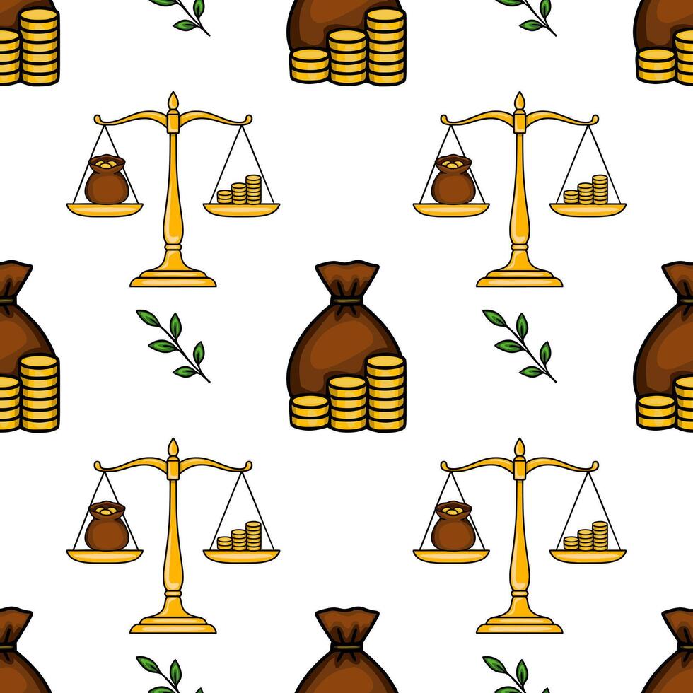 Seamless pattern of golden scales, money bags, and coins stacks, symbolizing financial balance and wealth, with simple green leaves adding a touch of nature. vector