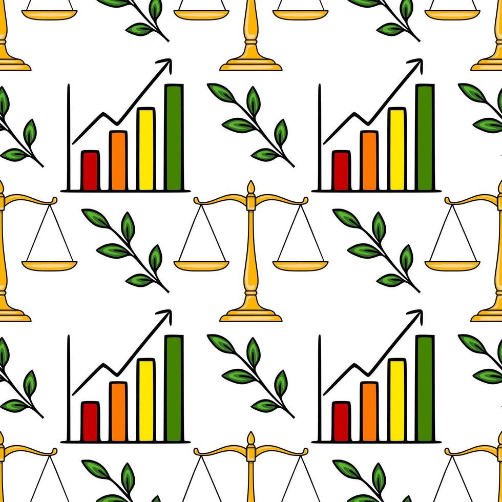 Seamless pattern featuring golden scales of justice, upward trending bar graph, and green leaves, symbolizing balanced growth and sustainable prosperity. vector