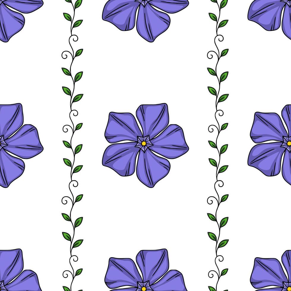 Seamless pattern with stylized purple flowers and green vines, creating a delicate and repeating floral design perfect for textile prints or digital backgrounds. vector