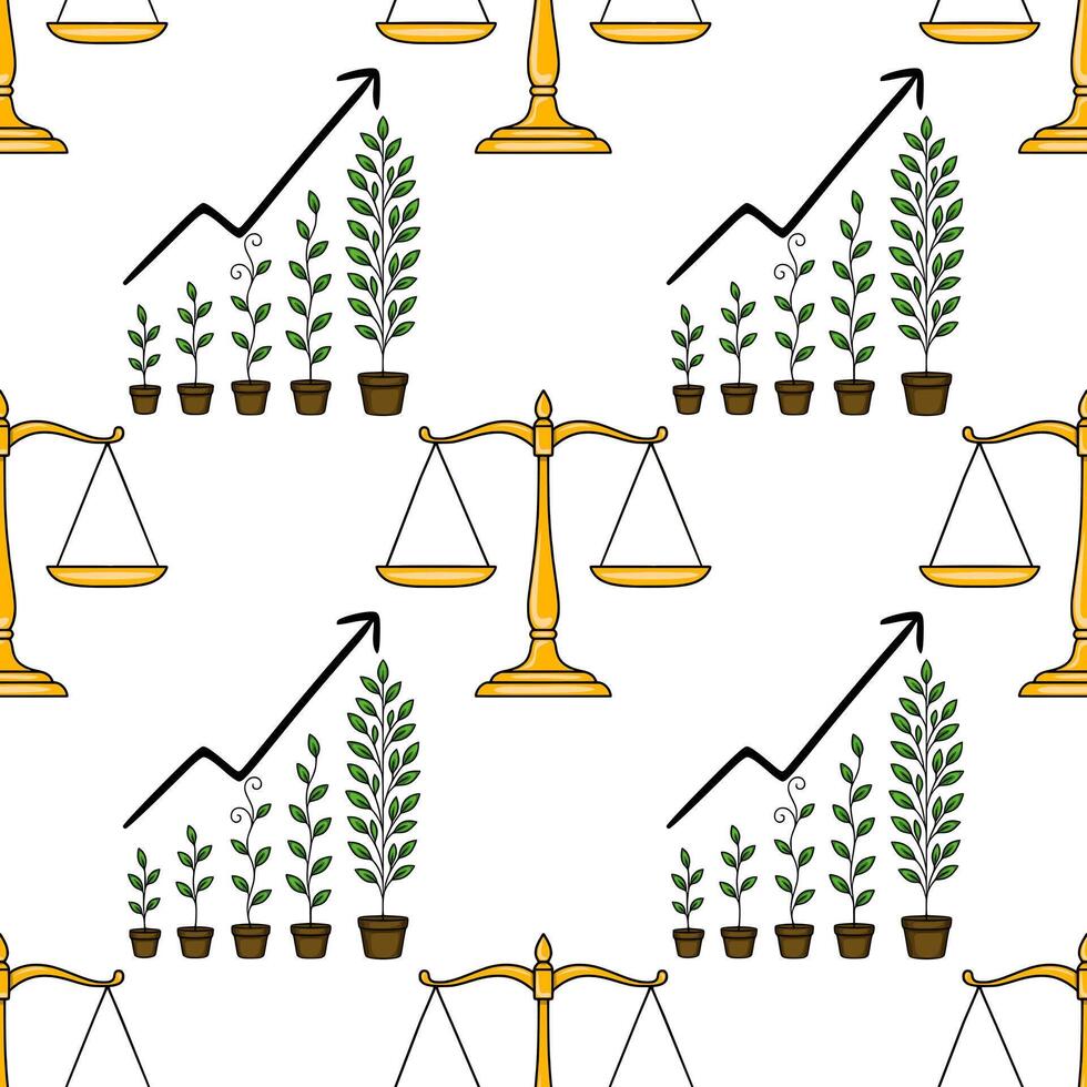 Seamless pattern featuring golden scales of justice and growing plants, symbolizing balanced growth and prosperity. vector