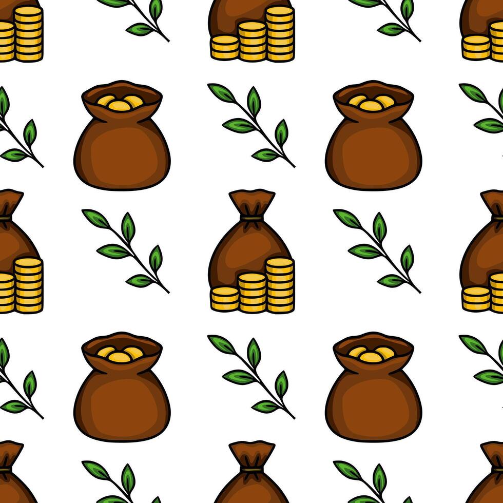 Seamless pattern with brown money bags, stacks of gold coins, and green leaves, creating a stylized wealth and prosperity design. vector
