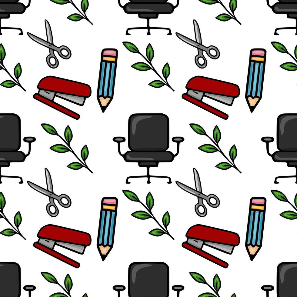 Seamless pattern of office supplies and green leaves, featuring a stapler, pencil, scissors, and office chair, perfect for backgrounds and stationery designs. vector