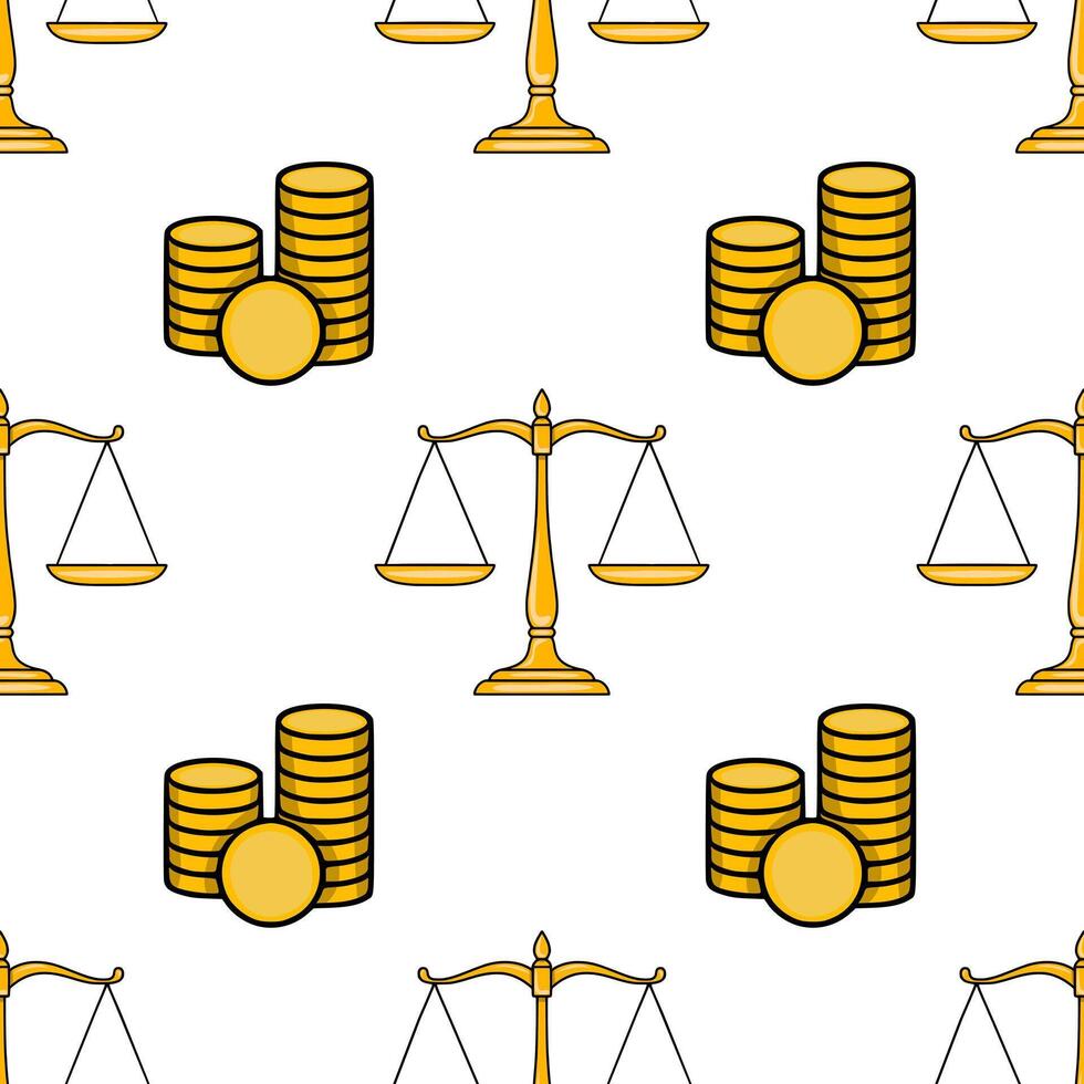 Seamless pattern of golden scales of justice and stacks of coins, symbolizing the balance of law and finance, perfect for legal or financial backgrounds. vector