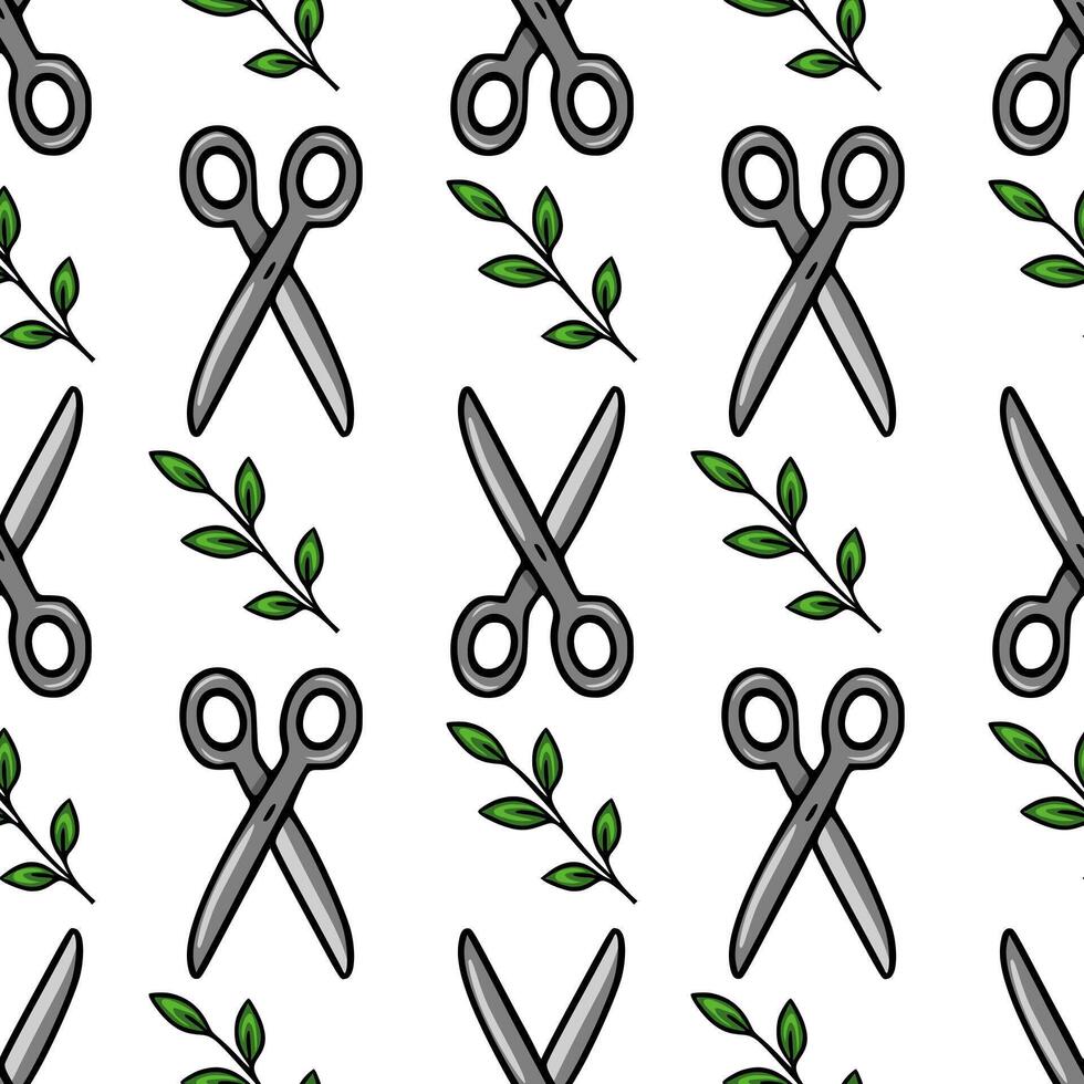 Seamless pattern of grey scissors and green leaves, a playful design for crafting or gardening projects. vector