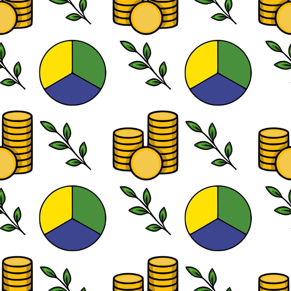Seamless pattern featuring stacks of gold coins, pie charts, and green leaves, symbolizing financial growth and sustainable investments. vector