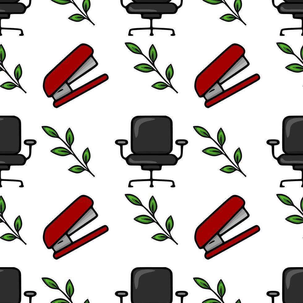 Seamless pattern featuring red staplers, black office chairs, and green leaves, creating a cheerful and organized office-themed design. vector