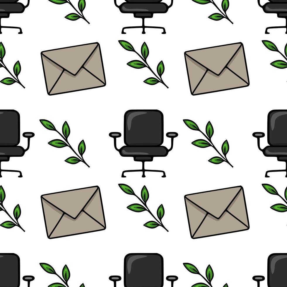 Seamless pattern with office chair, envelope, and green leaves, creating a minimalist and fresh office design. vector