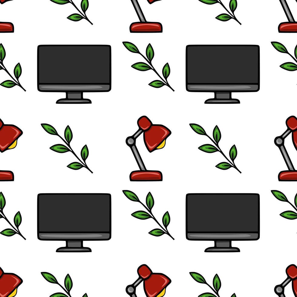 Seamless pattern featuring stylized computer monitors, red desk lamps, and green leaves, creating a minimalist office workspace design. vector