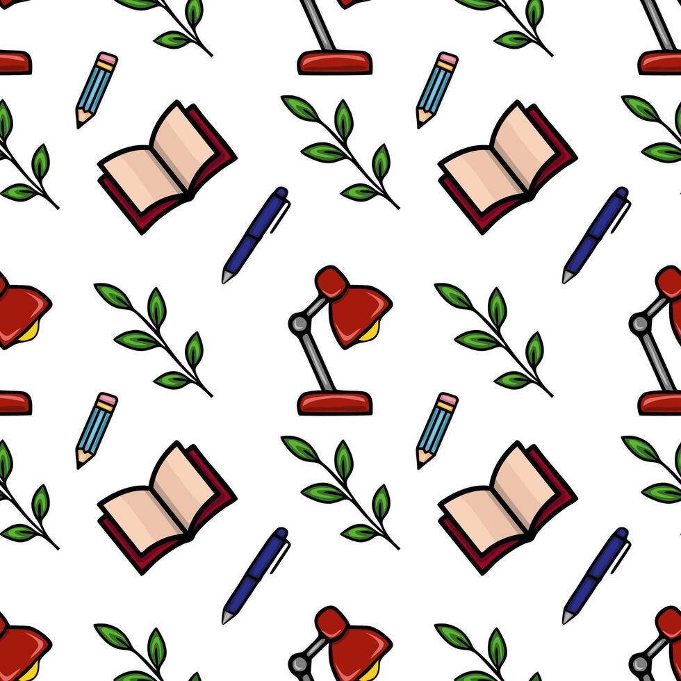 Seamless pattern featuring a whimsical arrangement of open books, red desk lamps, blue pens, pencils, and green leaves, creating a playful and educational backdrop. vector