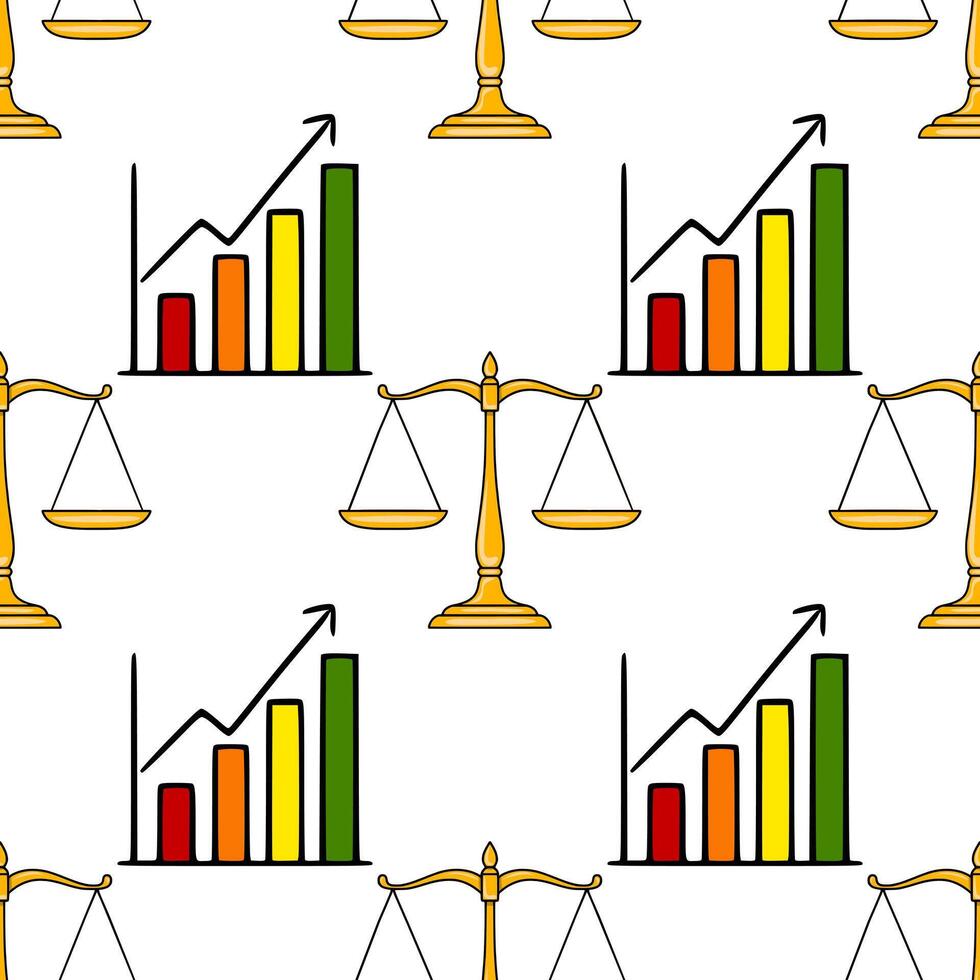 Seamless pattern featuring golden scales of justice and a vibrant bar graph illustrating upward financial growth, symbolizing balanced prosperity and legal success. vector
