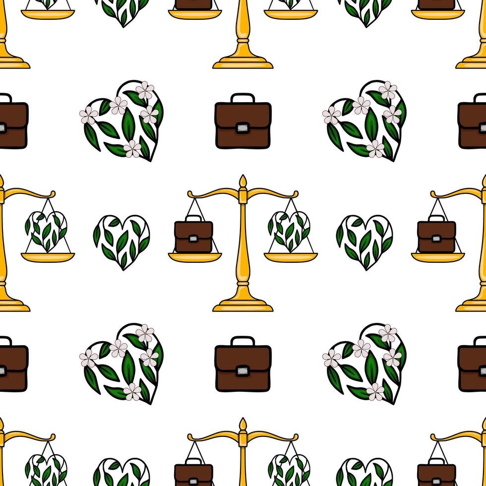 Seamless pattern featuring golden scales of justice, brown briefcases, and heart-shaped floral designs, symbolizing the balance between work and nature. vector
