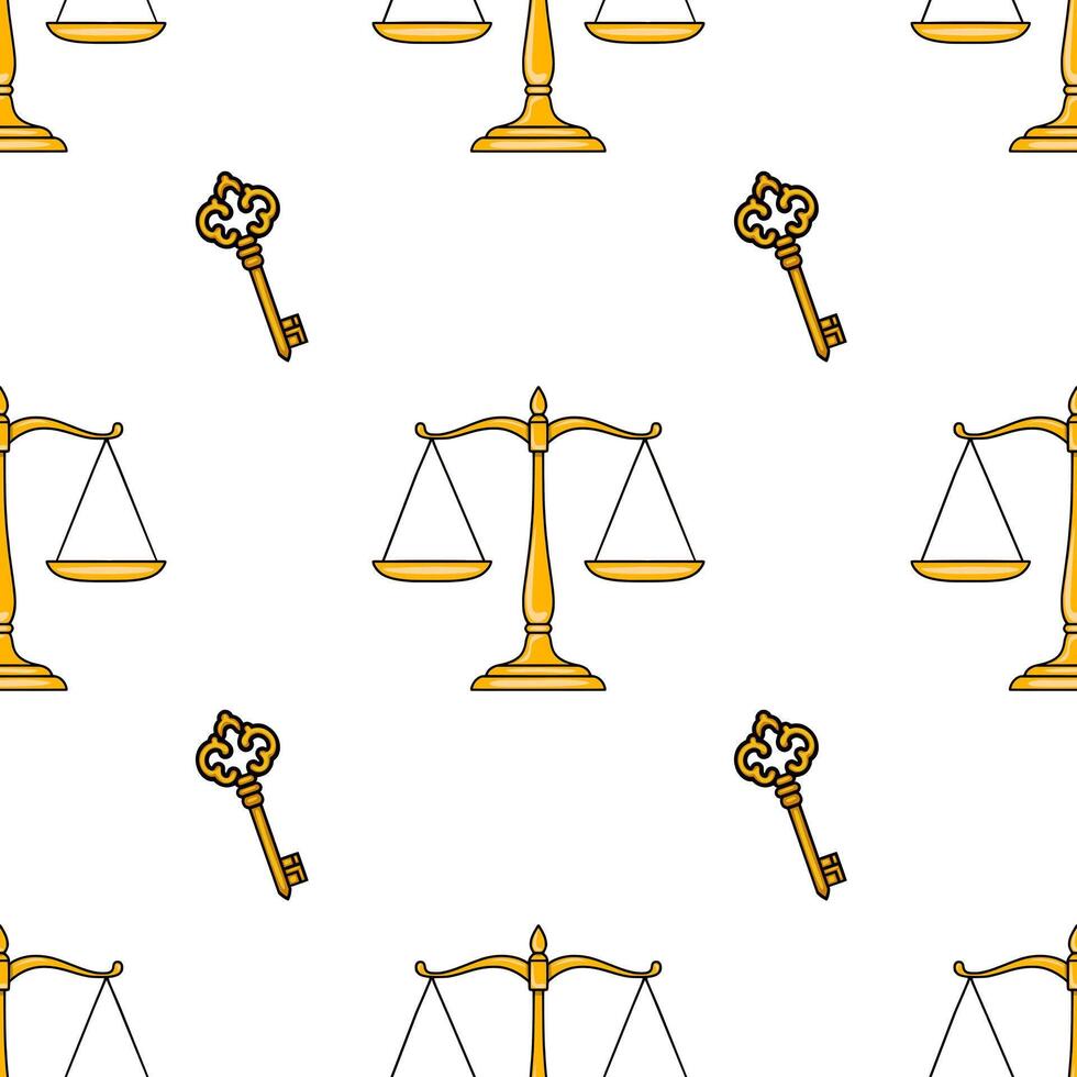 Seamless pattern featuring golden scales of justice and ornate keys, a symbolic design for legal or justice-themed projects. vector