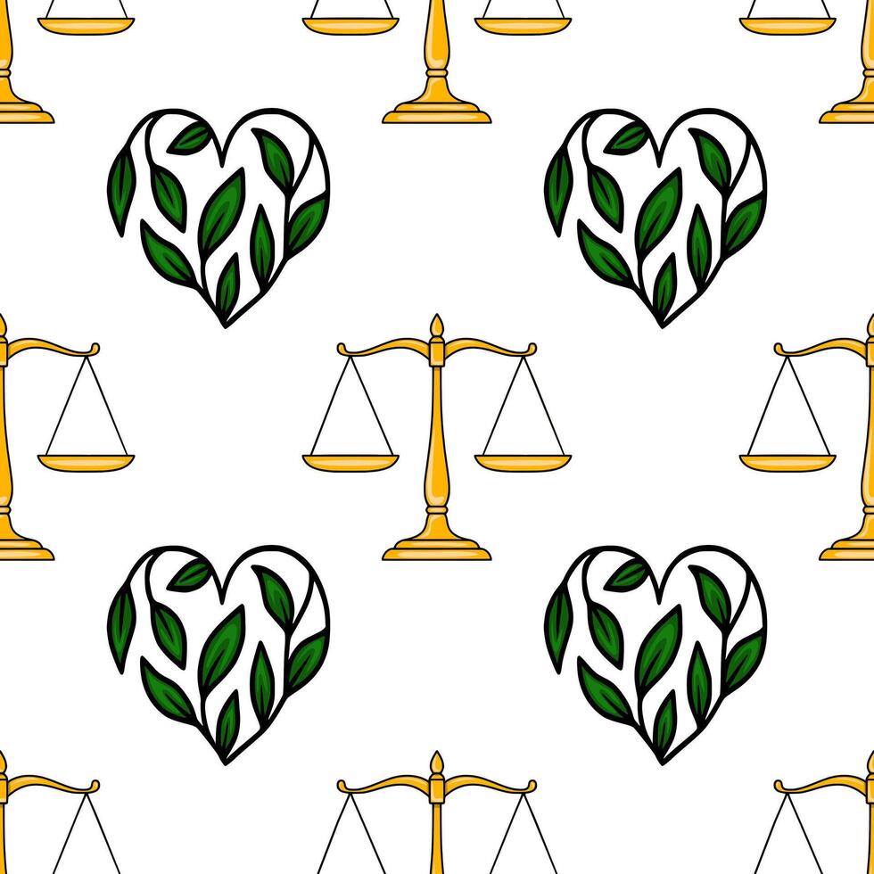 Seamless pattern featuring golden scales of justice and heart-shaped green leaf arrangements, symbolizing balance and natures harmony. vector