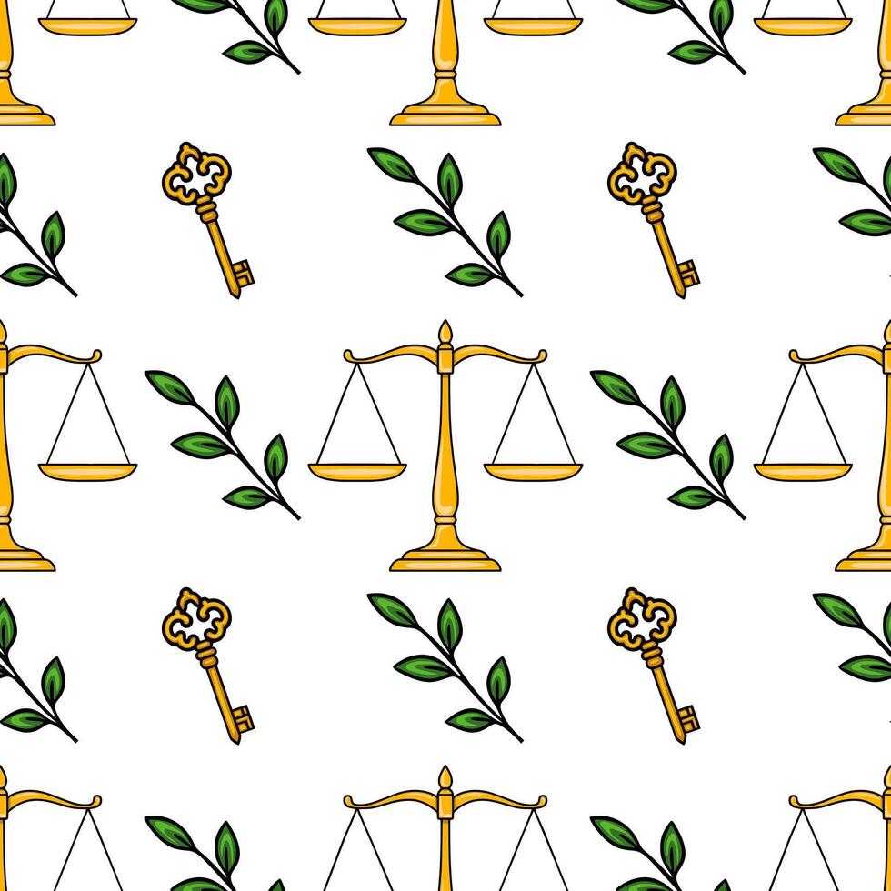 Seamless pattern with golden scales of justice, antique keys, and green leaves, ideal for legal or justice-themed designs. vector