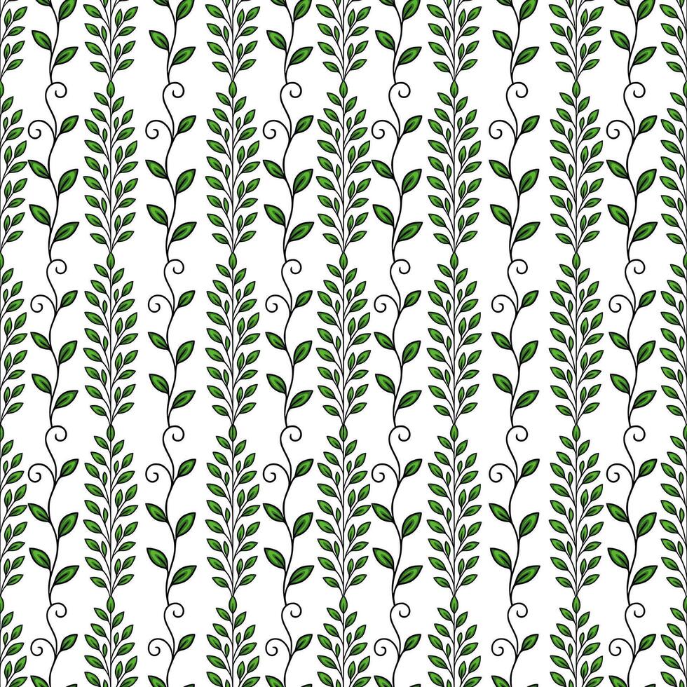 Seamless pattern of stylized green leaves arranged in vertical lines on a white background, creating a fresh and elegant design ideal for various applications. vector