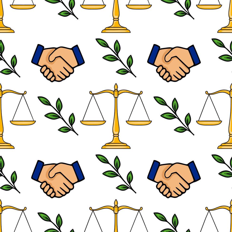 Seamless pattern with golden scales of justice, handshake, and green leaves, symbolizing legal agreement and fairness. vector