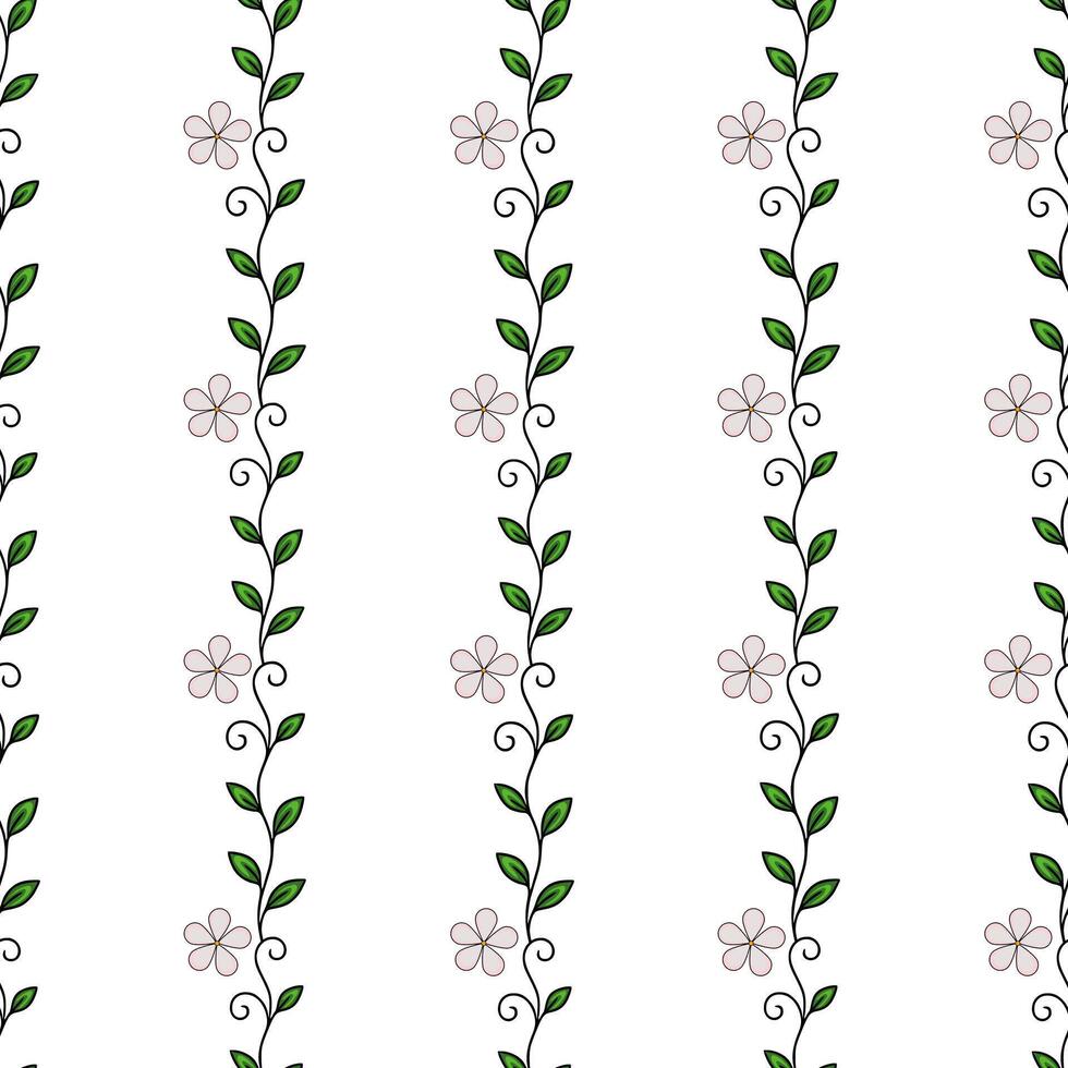 Seamless pattern of delicate pink flowers and green leaves arranged in vertical lines, creating a charming and elegant floral design. vector