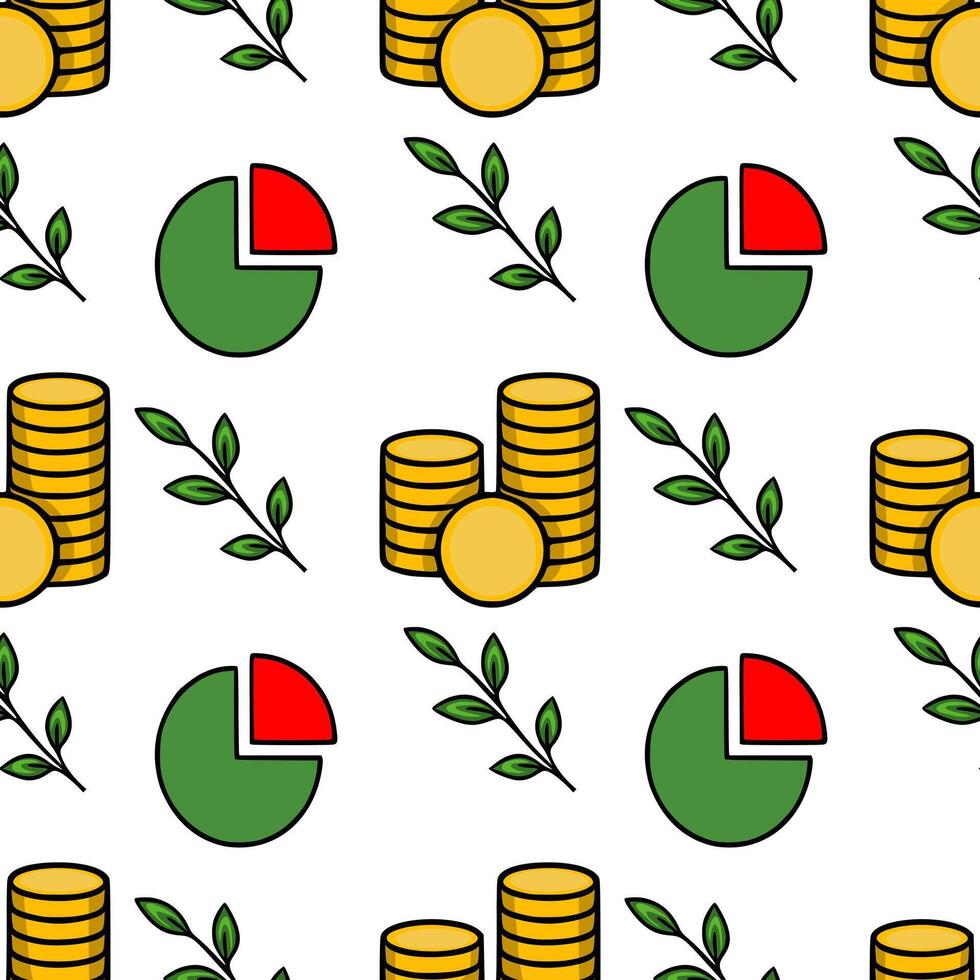 Seamless pattern of gold coins stacks, pie charts, and green leaves, illustrating financial growth and prosperity with a minimalistic design. vector