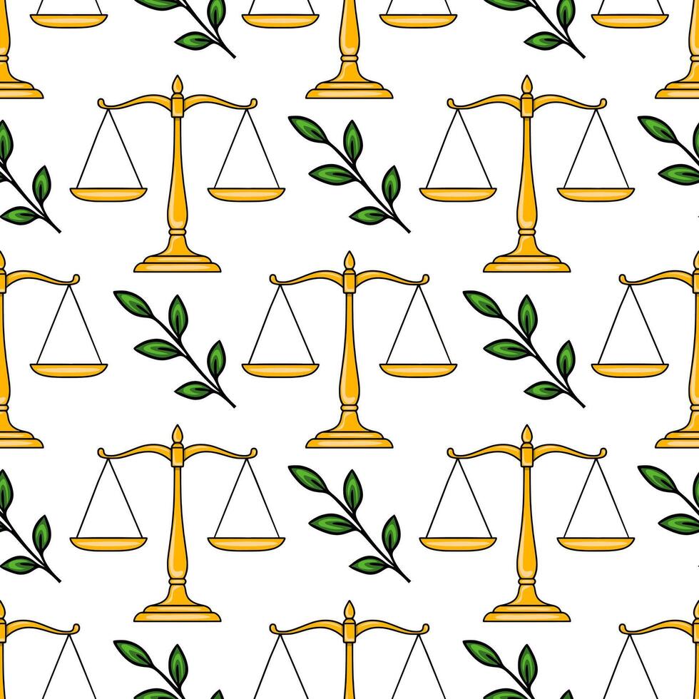 Seamless pattern of golden scales of justice and green leaves, symbolizing law, balance, and natures harmony. vector