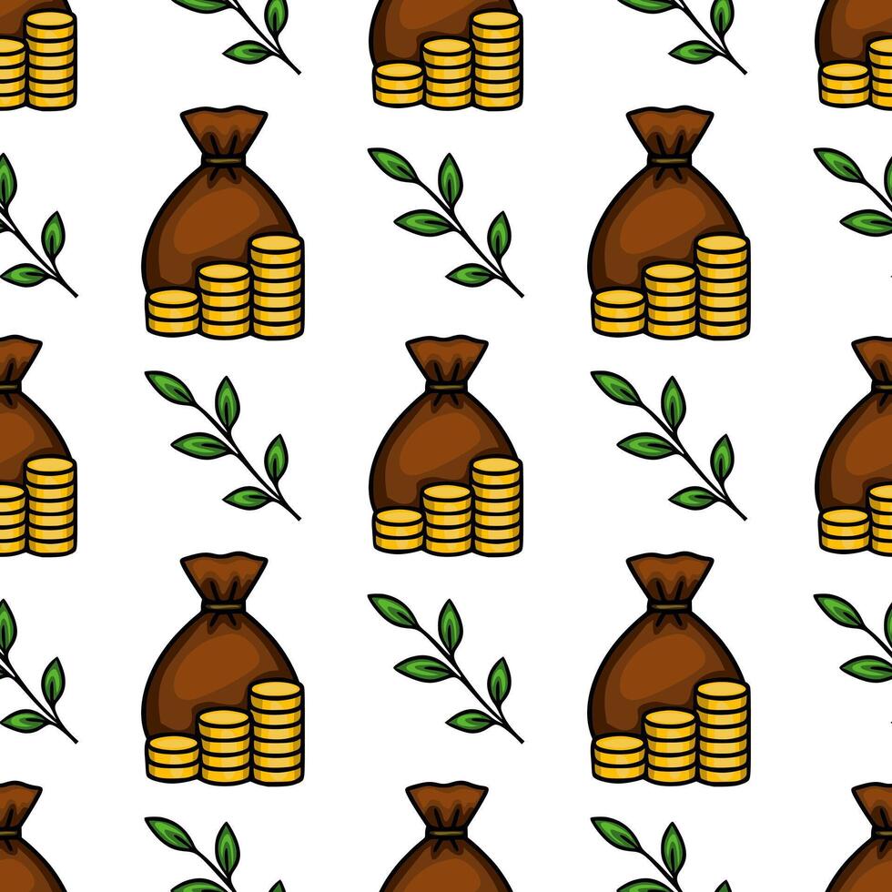 Seamless pattern of brown money bags with stacks of gold coins and green leaves, illustrating wealth growth and financial prosperity. vector