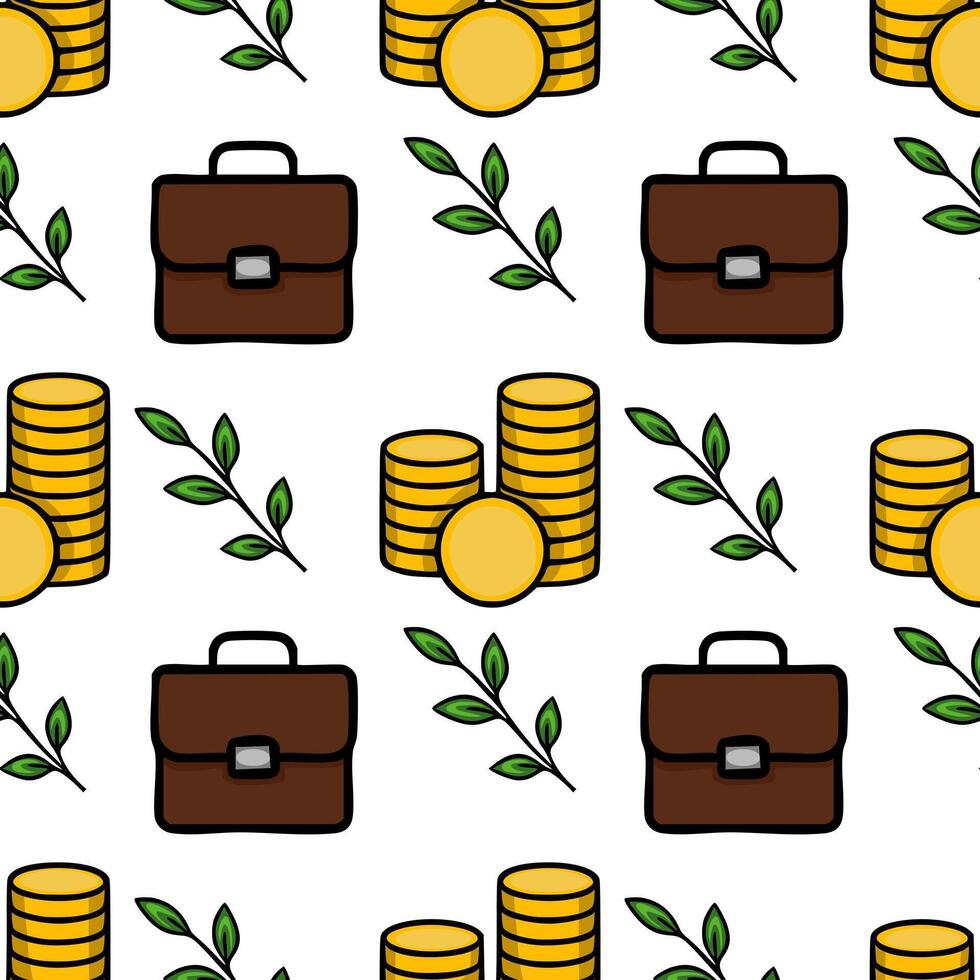 Seamless pattern of brown briefcases, stacks of gold coins, and green leaves, illustrating financial growth and prosperity. vector