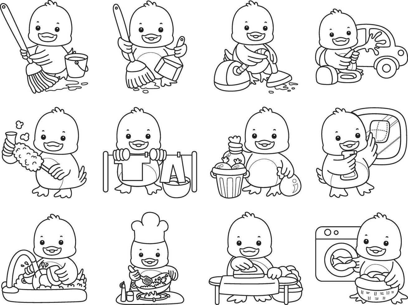Outline of variation chores and laundry. Coloring pages of Funny baby Duck animal series. vector